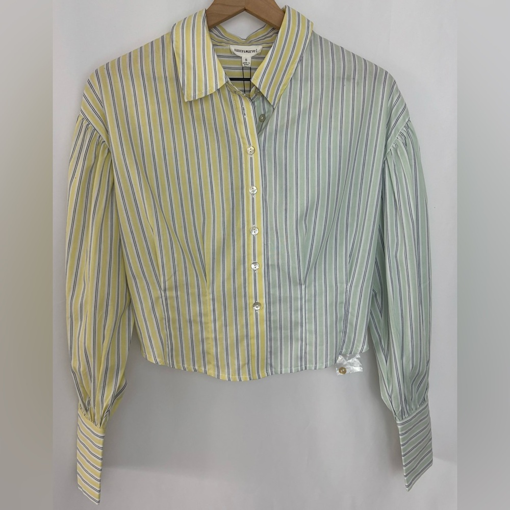 Dance & Marvel Striped Button Down Cropped Shirt NWT